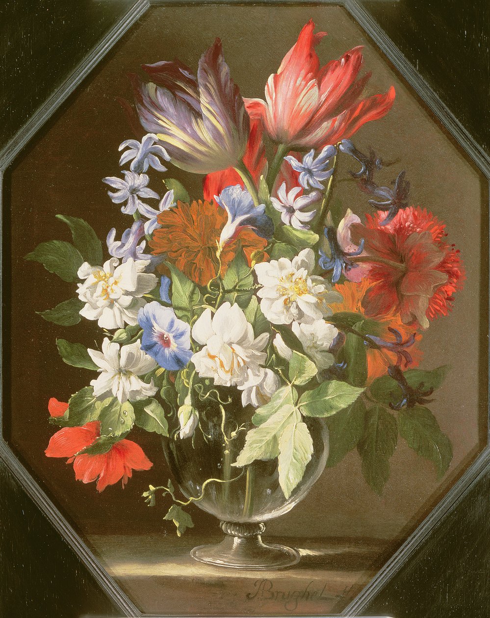 Váza s květinami na kamenné římse s tulipány, chryzantémami, jiřinkami a narcisy, 17. století od Abraham Brueghel