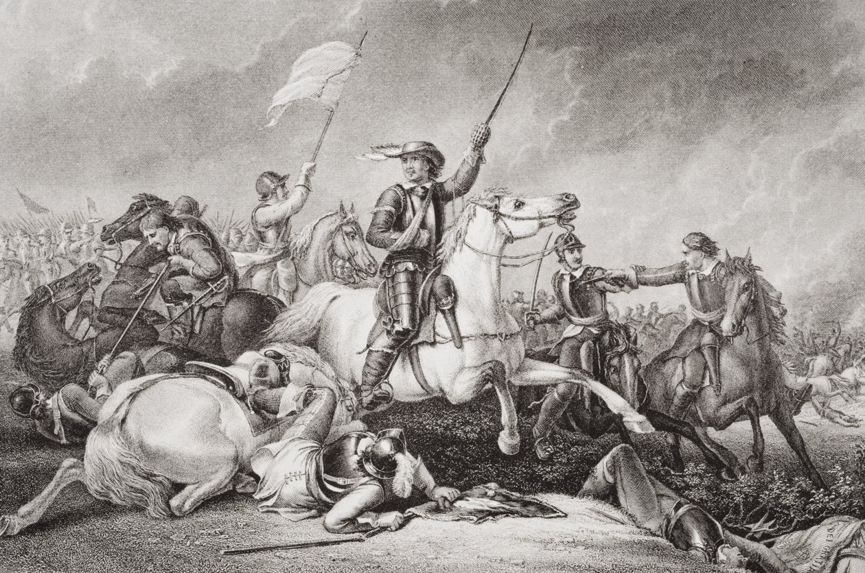 Cromwell vedl útok poté, co byl zraněn na pravé paži v bitvě u Marston Moor, 2. července 1644, z „Ilustrace anglické a skotské historie“ Volume I (rytina) od Abraham Cooper