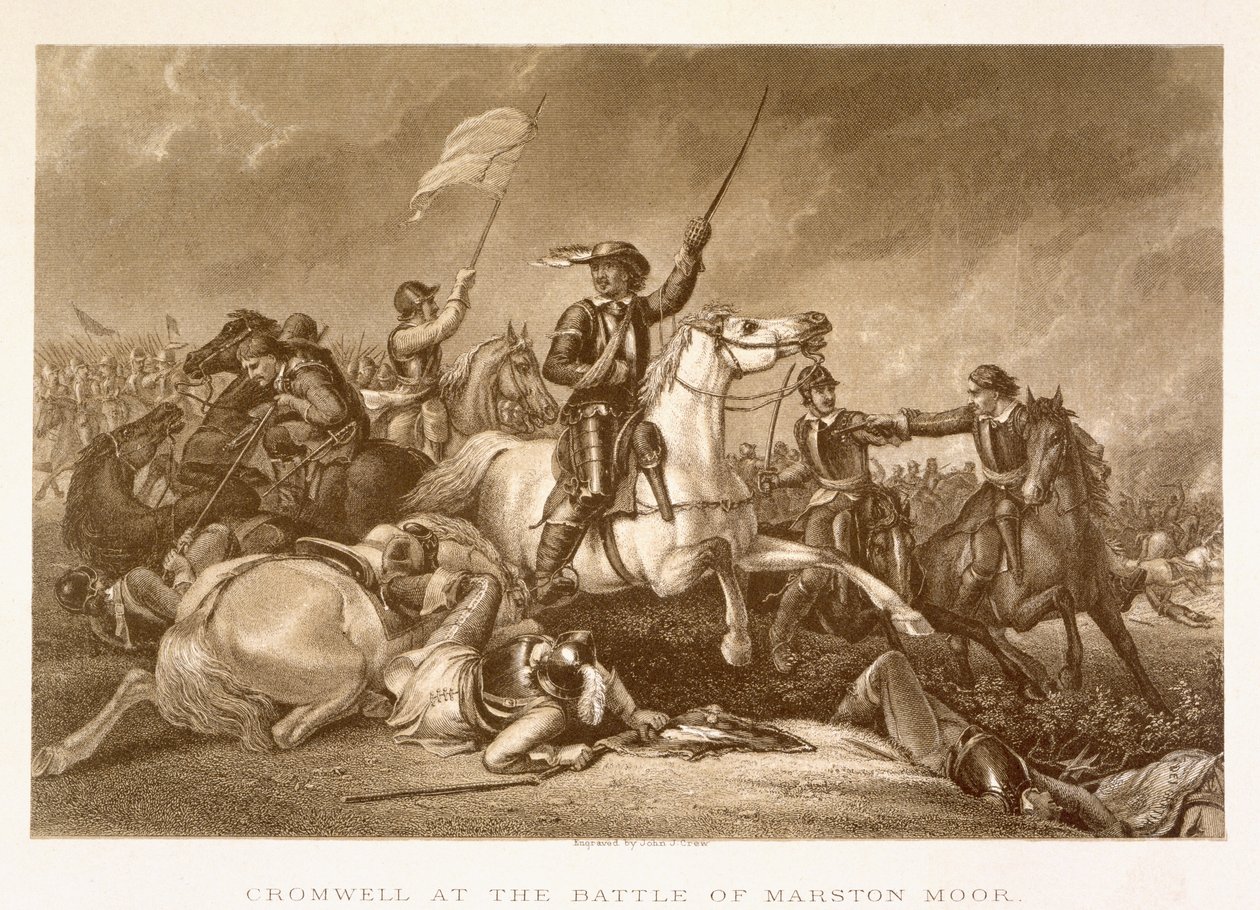 Cromwell vedl útok poté, co byl zraněn na pravé paži v bitvě u Marston Moor, 2. července 1644, vyryl John Crew od Abraham Cooper