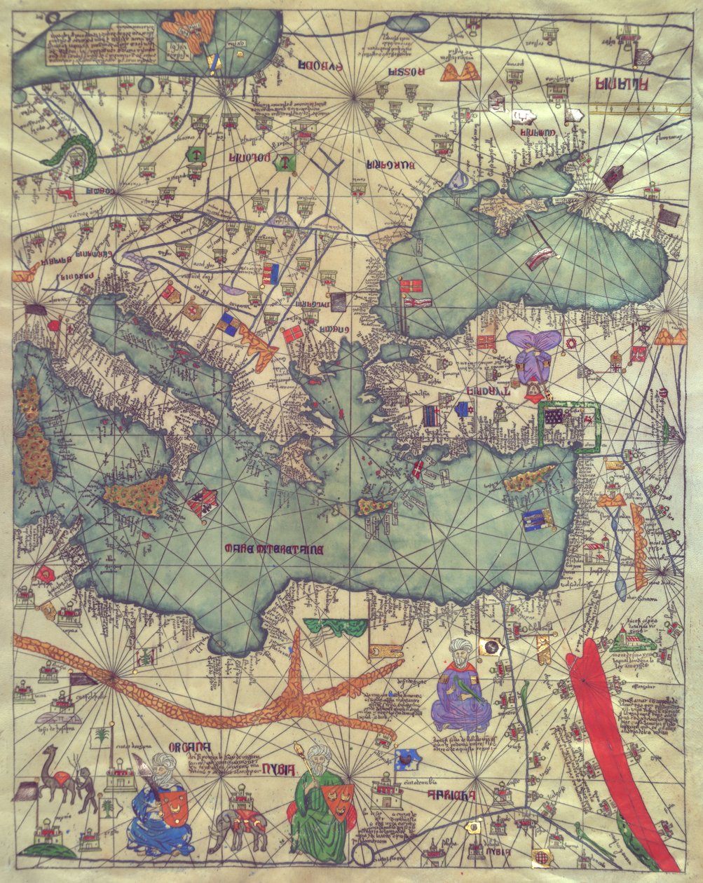 Mapa východní Evropy, pohled z jihu. Katalánský atlas od Abraham Cresques