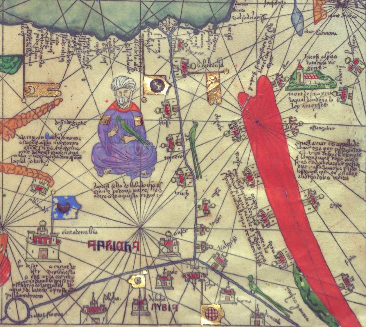 Mapa severovýchodní Afriky a jihozápadní Levant, pohled z jihu. Katalánský atlas. od Abraham Cresques