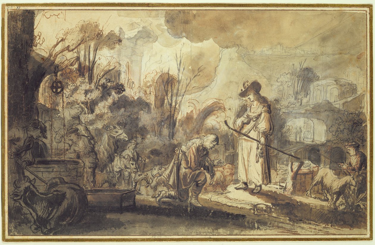 Eliezer a Rebecca u studny (pero a inkoust umýt tužkou a červenou křídou na papíře) od Abraham Furnerius