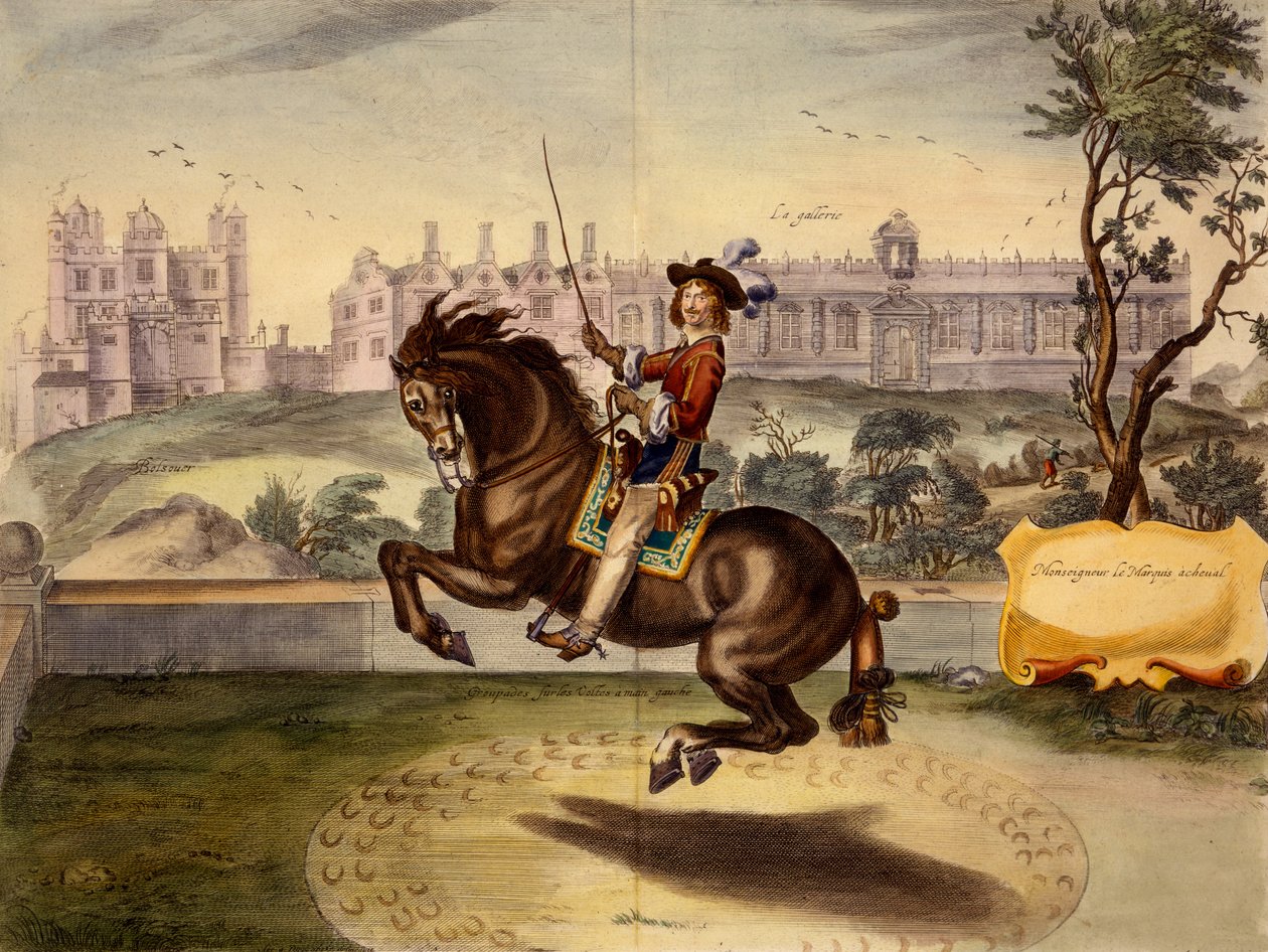 Cavendish předvádí volte, s hradem Bolsover a jeho blokem Manéž v pozadí, z knihy The Method and New Invention of Dressing Horses od Williama Cavendishe, publikované v roce 1737 (2. vydání) (akvatinta) od Abraham van Diepenbeeck