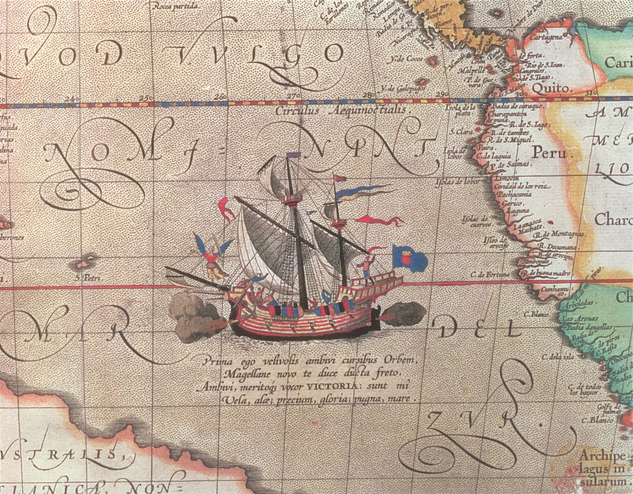 Plachetnice střílející z děla, detail z mapy Pacifiku, Číny a Ameriky, 1599 (viz také 18634) od Abraham Ortelius