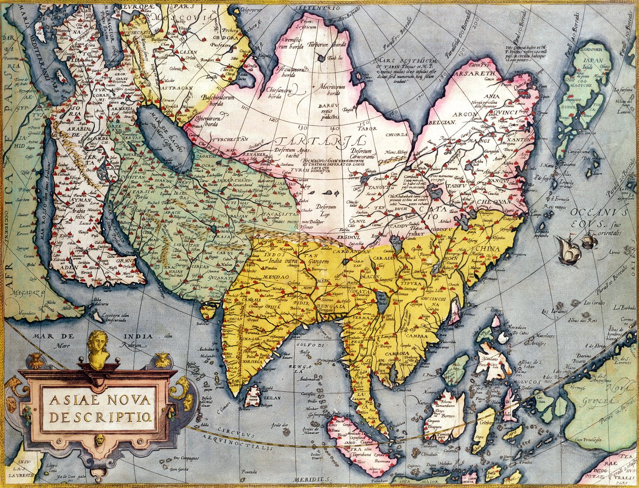 Asie: Mapa kontinentu včetně Japonska a Východní Indie s částí Nové Guineje, kolem roku 1580 od Abraham Ortelius