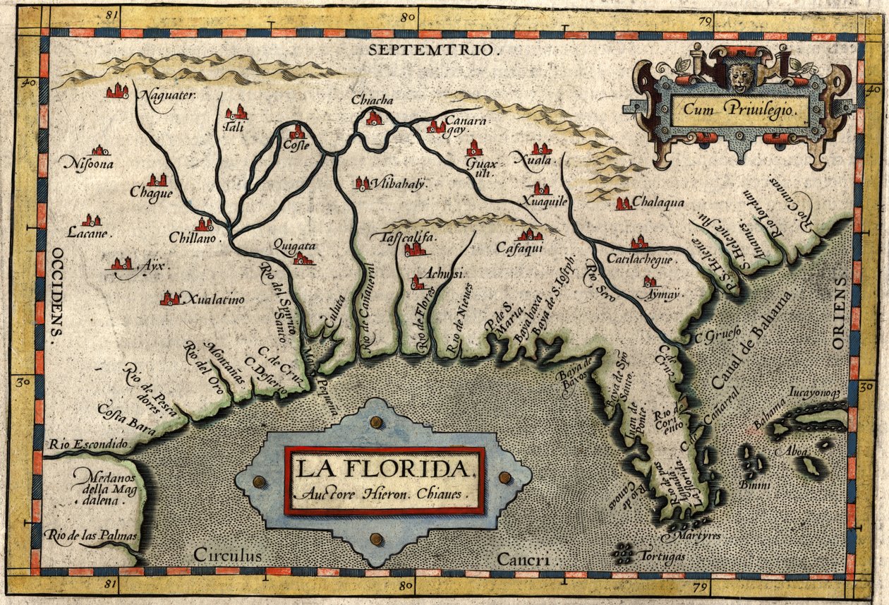 Mapa Floridy, kolem roku 1584 (ručně kolorovaná rytina) od Abraham Ortelius