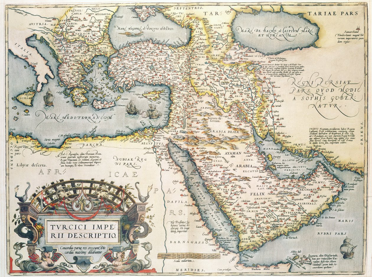 Mapa Středního východu, z Theatrum Orbis Terrarum, 1570 (ručně kolorovaná rytina) od Abraham Ortelius