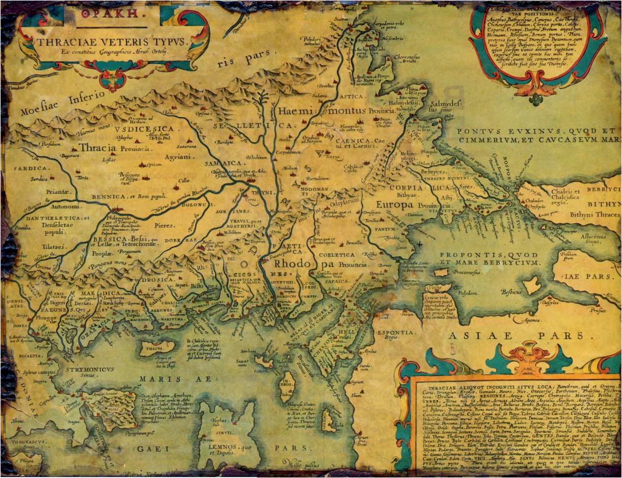 Stará, historická mapa starověké Thrákie, většinou v latině a velmi málo řečtině, vyrobena v roce 1585. Mapa také ukazuje část menší Asie, nižší Moesii a starověké Řecko spolu s některými ostrovy Aegan. Na mapě je nějaký anachronismus, například Moesia inf od Abraham Ortelius