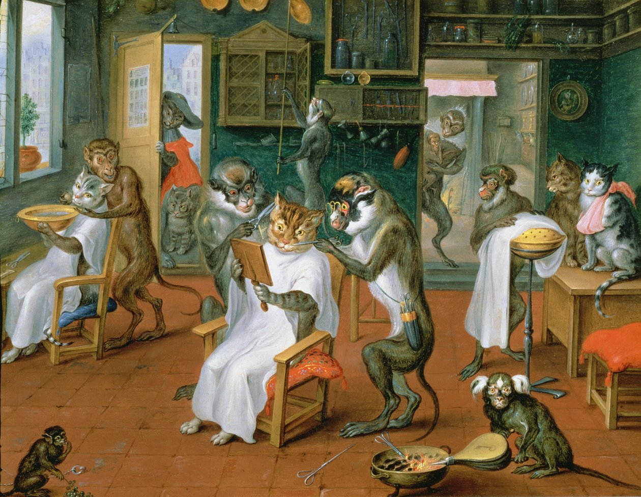 Holičství s opicemi a kočkami (olej na mědi) od Abraham Teniers