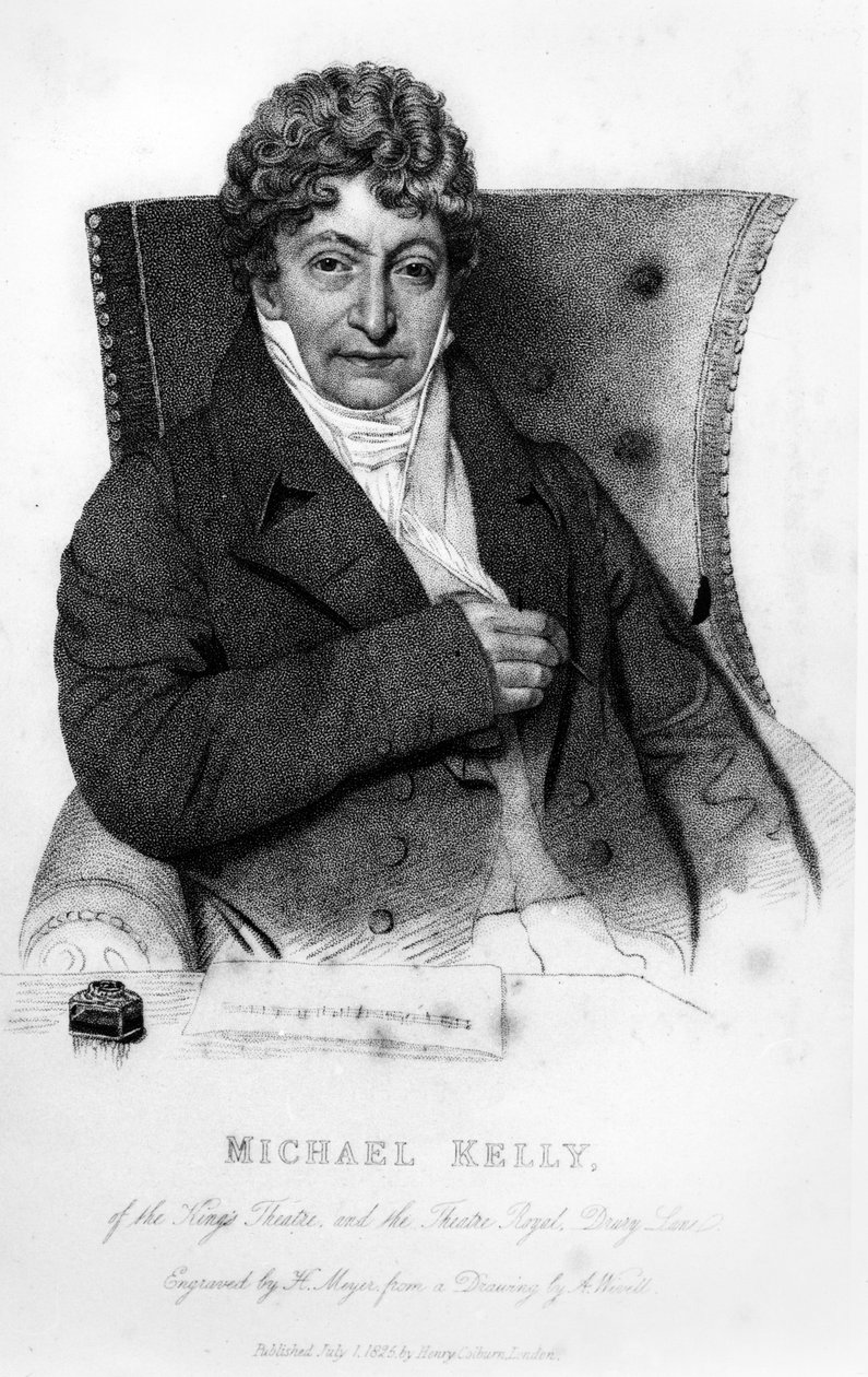 Michael Kelly, frontispis z „Reminiscences of Michael Kelly“ od Michaela Kellyho a Theodora Hooka, tisk od H. Meyera, vydáno 1825 od Abraham Wivell