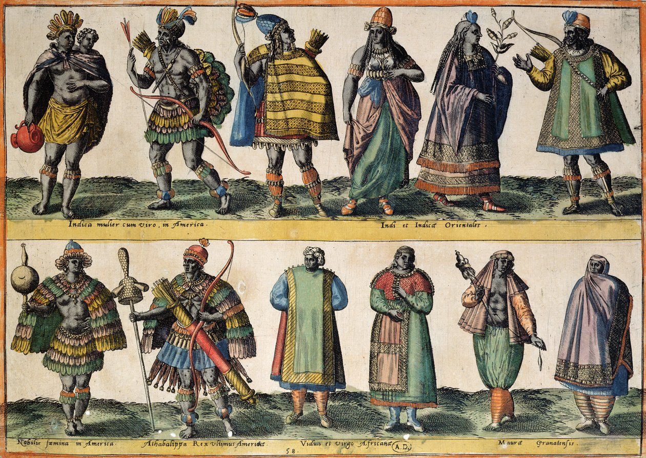 Severoameričtí indiáni, indické a orientální kostýmy, jihoameričtí indiáni a africké a maurské kostýmy, z „Kostýmy různých národů Evropy, Asie, Afriky a Ameriky“, vydané v roce 1581 od Abraham de Bruyn