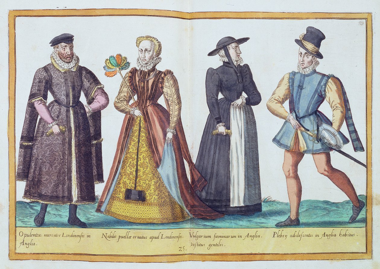 Anglické kostýmy ze šestnáctého století z „Omnium Poene Gentium Imagines“, vydané v Kolíně nad Rýnem, 1577 (ručně kolorovaná rytina) od Abraham de Bruyn