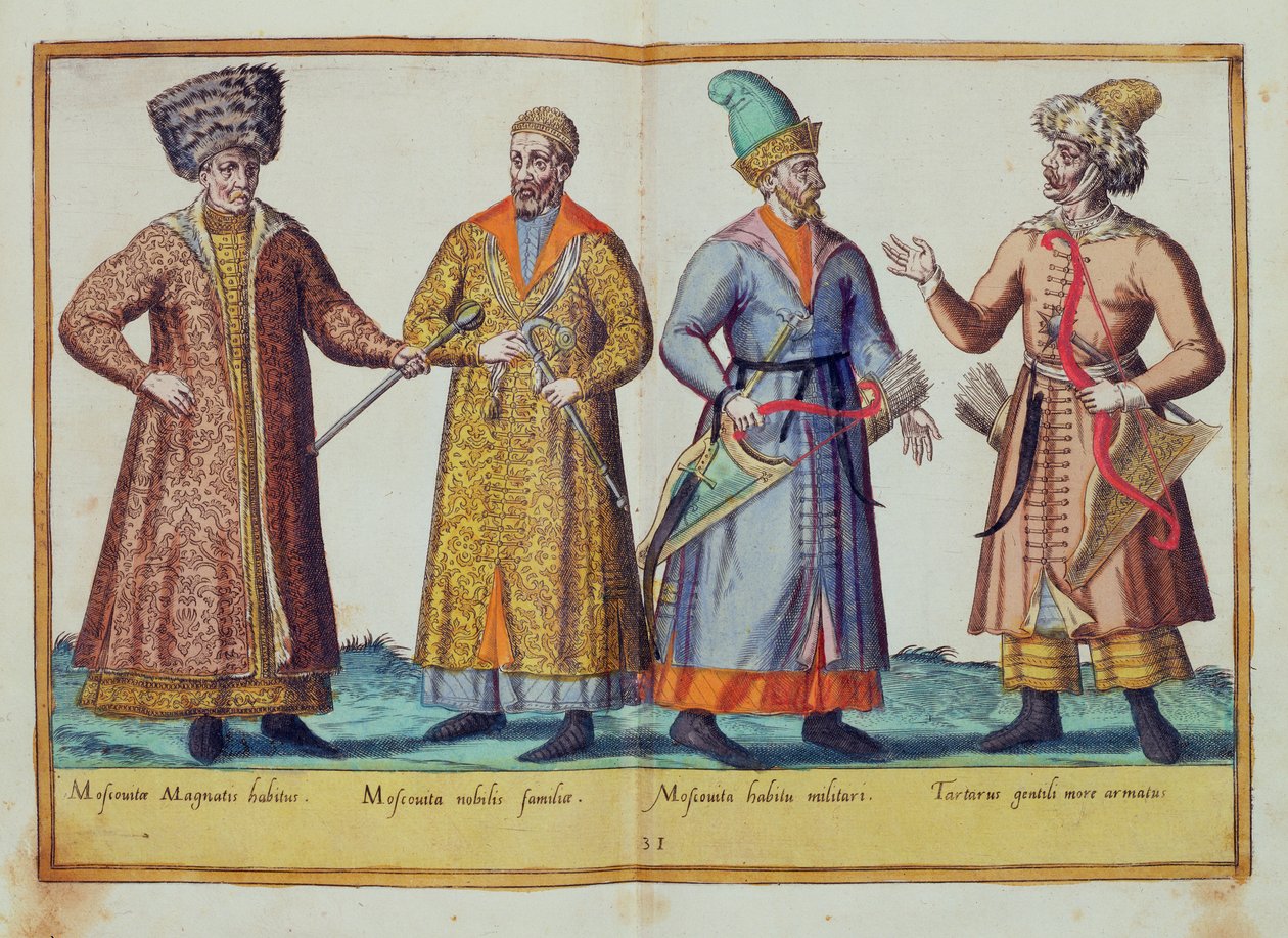 Kostýmy ze šestnáctého století z „Omnium Poene Gentium Imagines“, vydané v Kolíně nad Rýnem, 1577 (ručně kolorovaná rytina) od Abraham de Bruyn