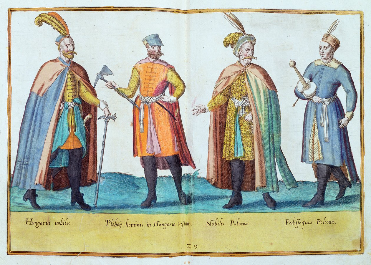 Kostýmy ze 16. století z knihy "Omnium Poene Gentium Imagines", vydané v Kolíně nad Rýnem roku 1577 (ručně kolorovaná rytina) od Abraham de Bruyn