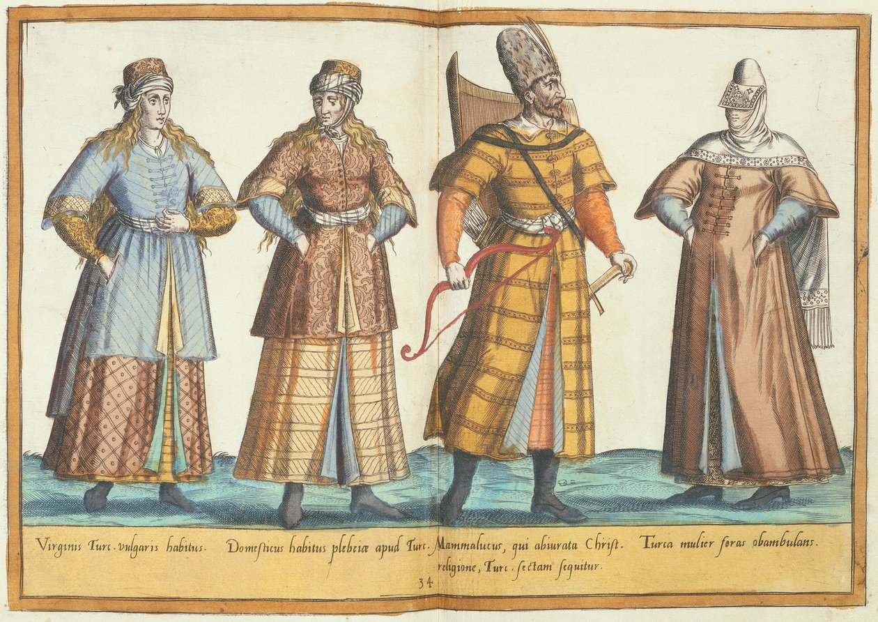 Kostýmy ze šestnáctého století z „Omnium Poene Gentium Imagines“, vydané v Kolíně nad Rýnem, 1577 (ručně kolorovaná rytina) od Abraham de Bruyn