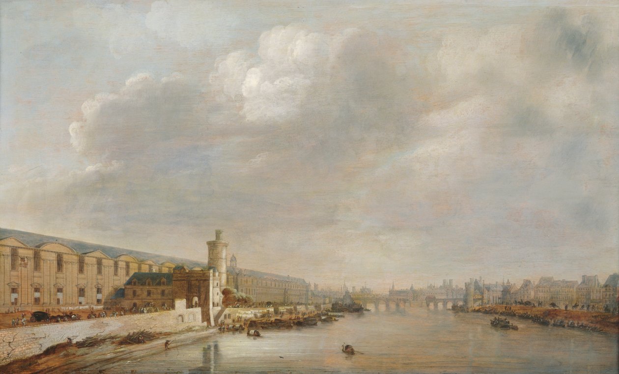 Louvre Grande Galerie, pohled na Paříž z Barbierova mostu (proti proudu), cca 1640 (olej na dřevě) od Abraham de Verwer