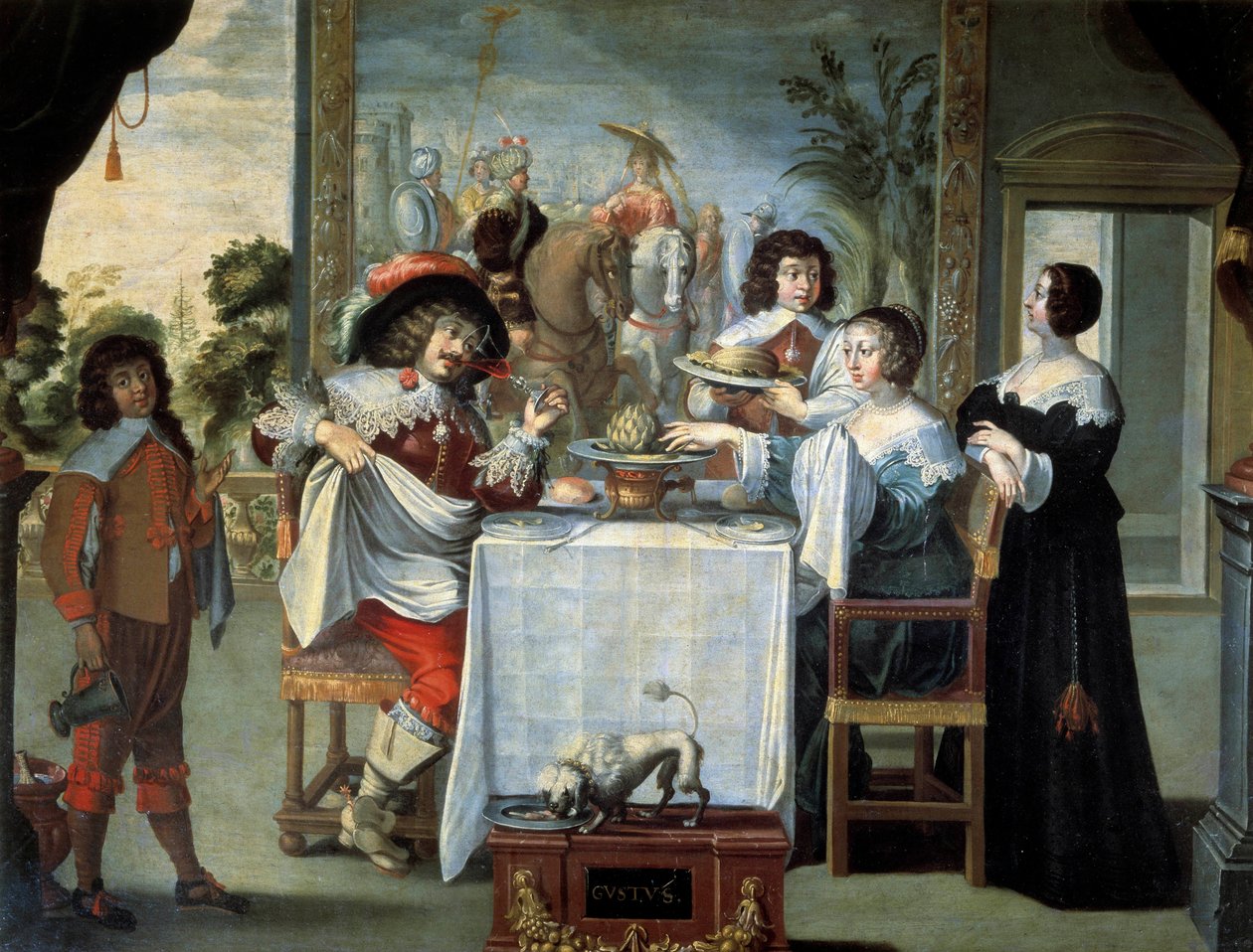 Pět smyslů, chuť anonymního malíře, kopie rytiny Abrahama Bosse (1602-1676), olej na plátně - „Pět smyslů: chuť“ Scéna degustace rafinovaného jídla složeného z melounů, artyčoků, v krásném noblesním domě. Obraz Abrahama Bosse (1602 od Abraham (after) Bosse
