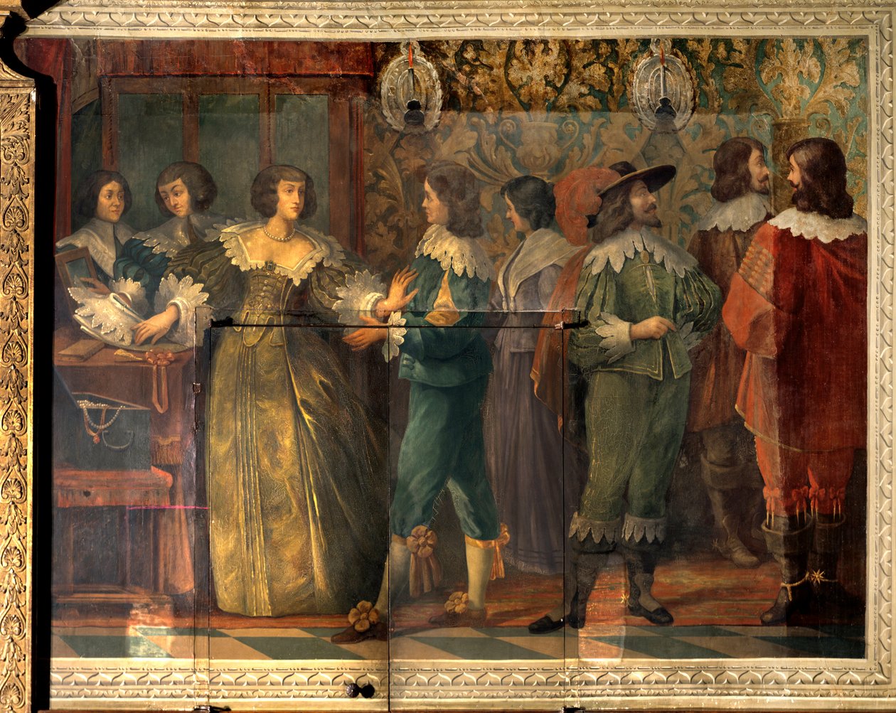 Scéna ze života Charlese de Valois (1573-1650), vévody z Angouleme - Party scéna u příležitosti sňatku Charlese de Valois s jeho druhou manželkou v roce 1644 - Žena, kterou oslovil kurtizán, ji zastihl límec - Freska od Abraha od Abraham (after) Bosse