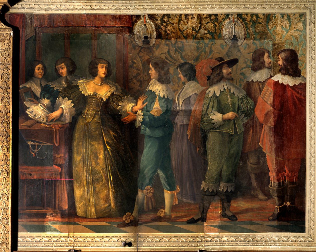 Scéna ze života Charlese de Valois (1573-1650), vévody z Angouleme - Party scéna u příležitosti sňatku Charlese de Valois s jeho druhou manželkou v roce 1644 - Žena, kterou oslovil kurtizán, ji zastihl límec - Freska od Abraha od Abraham (after) Bosse