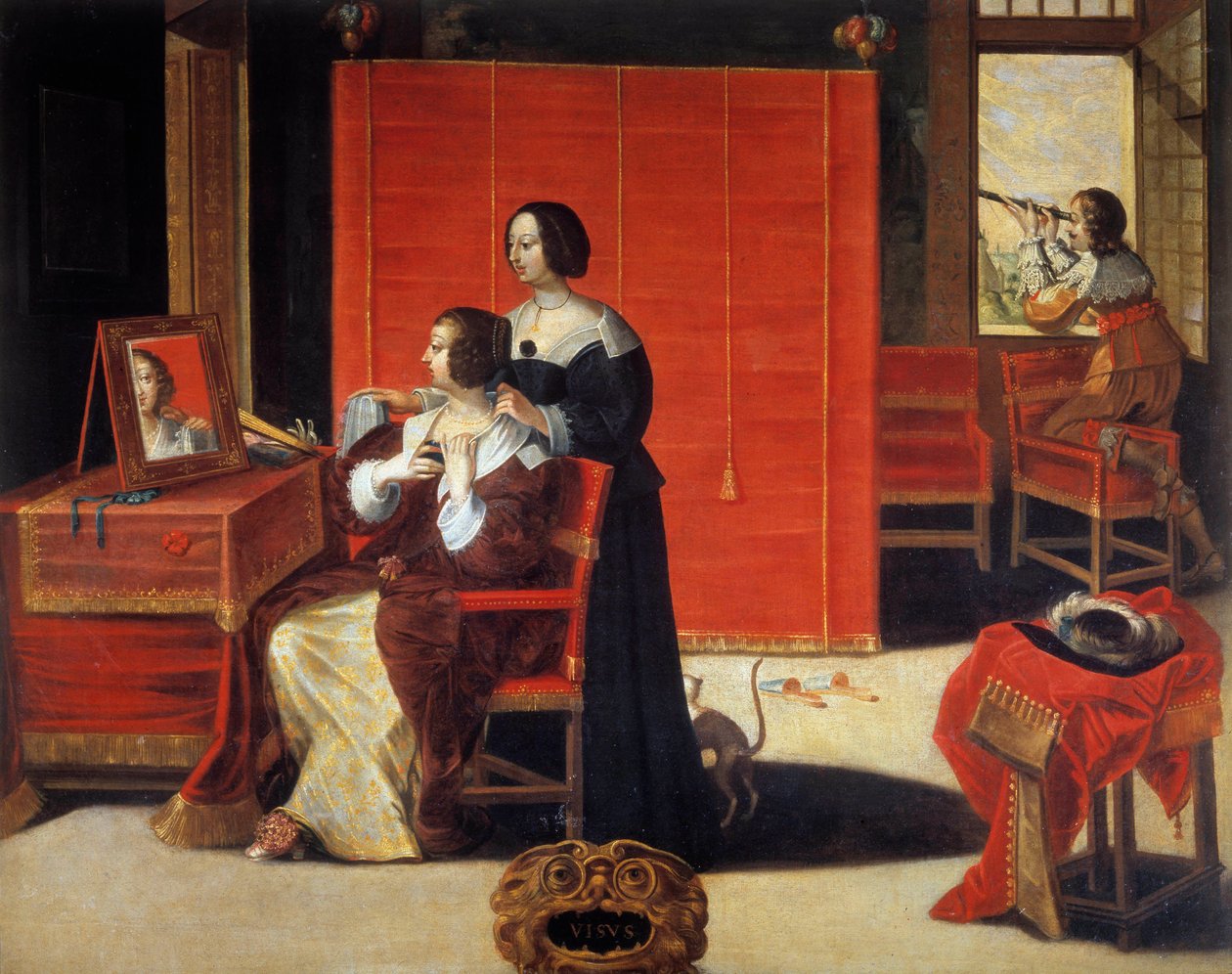The Five Senses: The View Mladá žena před zrcadlem, zatímco muž používá astronomickou lunetu. Obraz Abrahama Bosse (1602-1676). 17. století. Prohlídky, Muzeum výtvarných umění od Abraham (after) Bosse