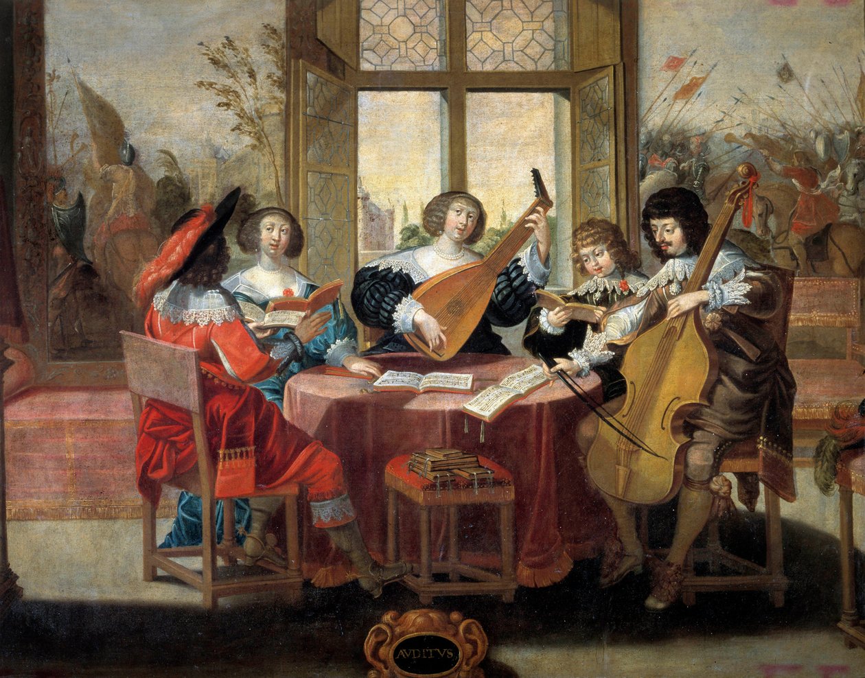 Pět smyslů: sluch Skupina šlechtických lidí se spojila, aby hráli hudbu a zpívali. Obraz Abrahama Bosse (1602-1676). 17. století. Prohlídky, Muzeum výtvarných umění od Abraham (after) Bosse