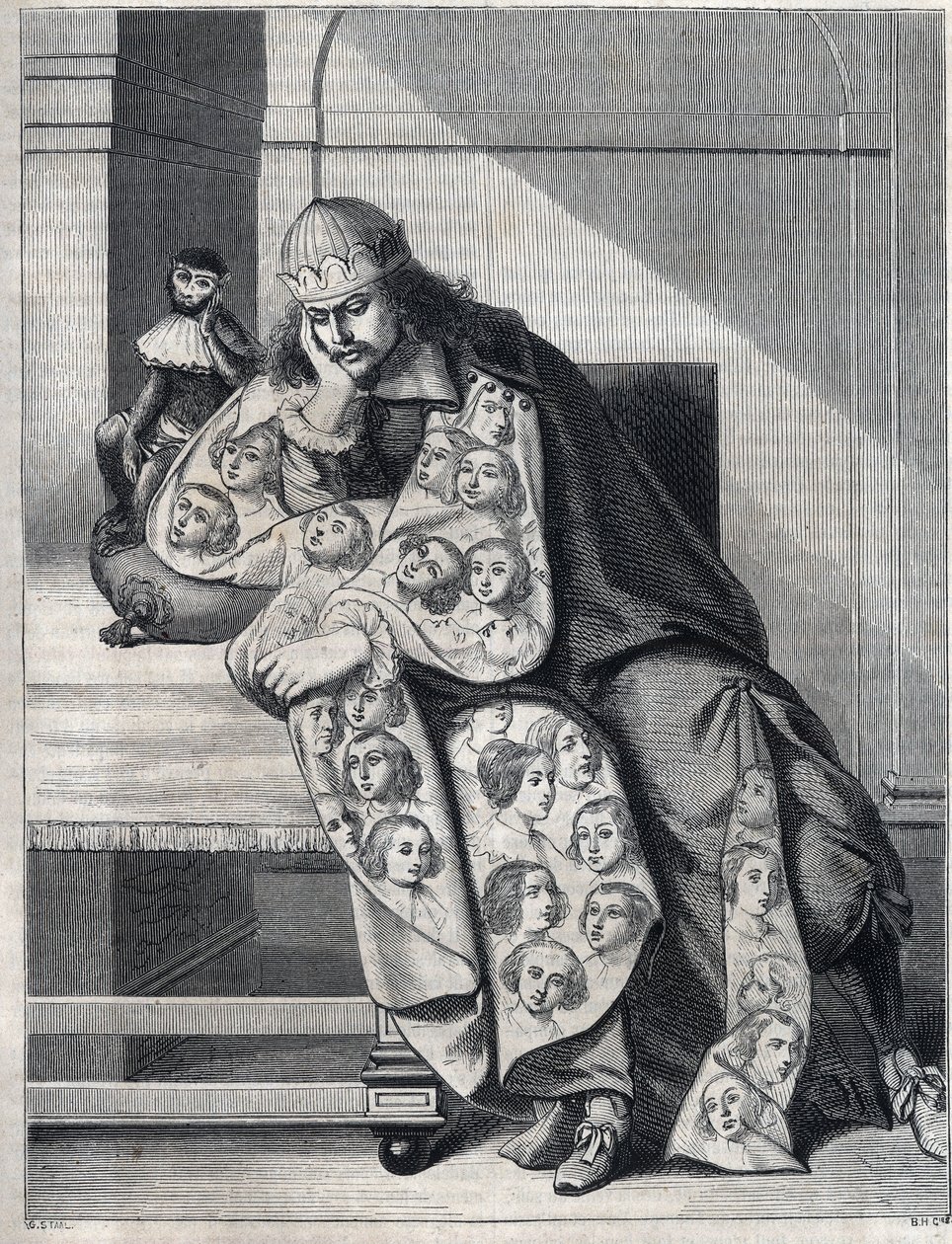 Muž plný zloby: muž s dvojitým pláštěm žen medituje s opicí po boku. Reprodukce tisku Abrahama Bosse (1604-1676). od Abraham (after) Bosse