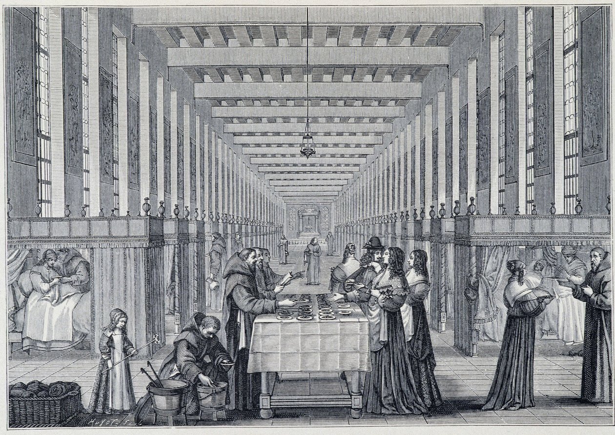 Vnitřní pohled na ošetřovnu Hôital de la Charite (také nazývaná nemocnice Freres-de-Saint-Jean-de-Dieu), v Paříži - Engraving d
