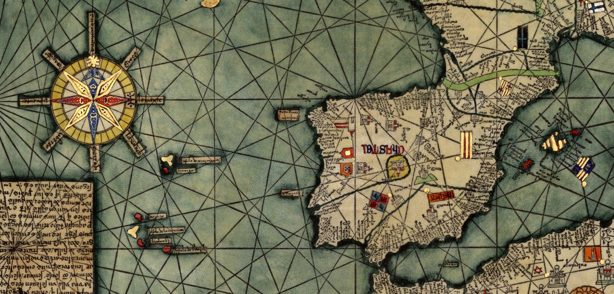 Detail katalánského atlasu, kopie originálu vytvořeného v roce 1375 (pero a barevné inkousty na pergamenu) od Abraham (after) Cresques