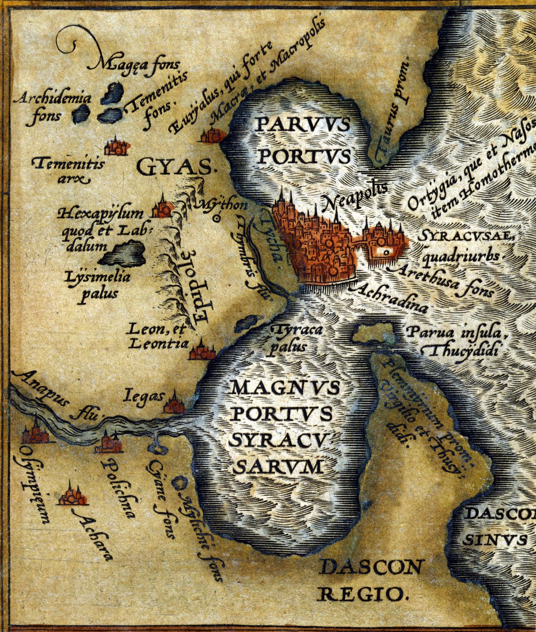 Starověký přístav Syrakusy na Sicílii podle „Atlasu“ Abrahama Ortelia od Abraham (after) Ortelius