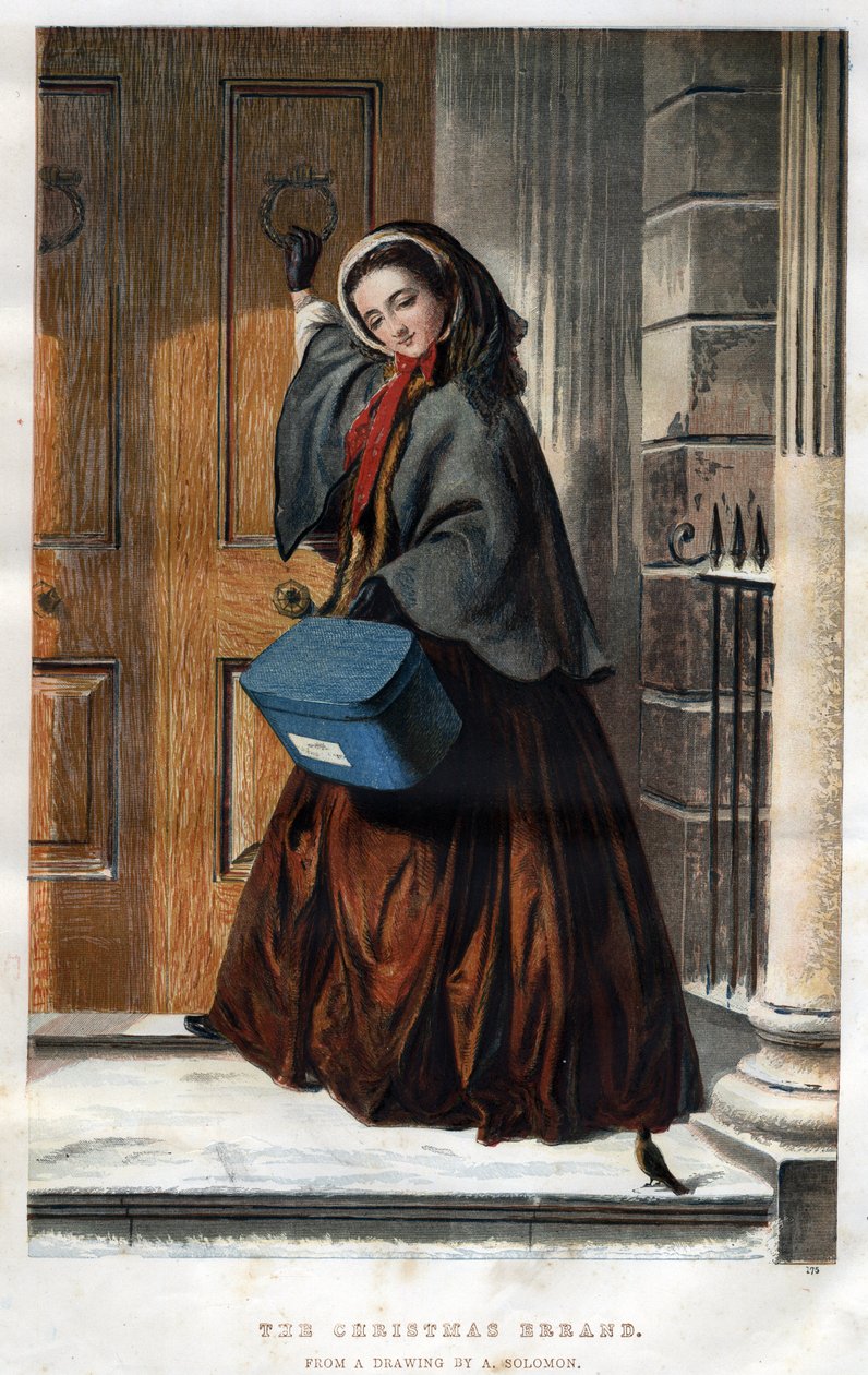 Vánoční závody: elegantní mladá žena klepe na dveře domu s balíkem v ruce, ilustrace z kresby Abrahama Solomona (1824-1862) od Abraham (after) Solomon