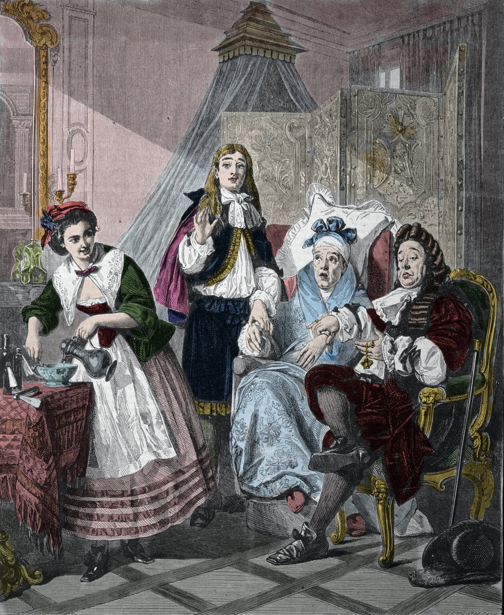 "Le Malade imaginaire" Jean-Baptiste Poquelina s názvem Moliere (1622-1673): scéna 9, dějství II. Rytina podle obrazu Abrahama Solomona (1824-1862) z roku 1861. od Abraham (after) Solomon