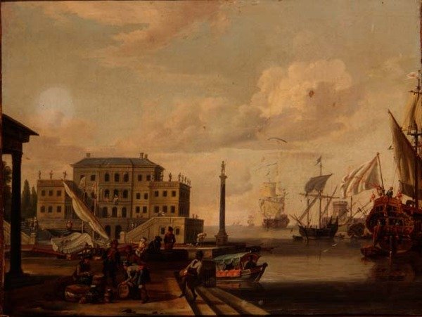 Capriccio středomořského přístavu s obchodníky a kotvícími loděmi od Abraham (follower of) Storck