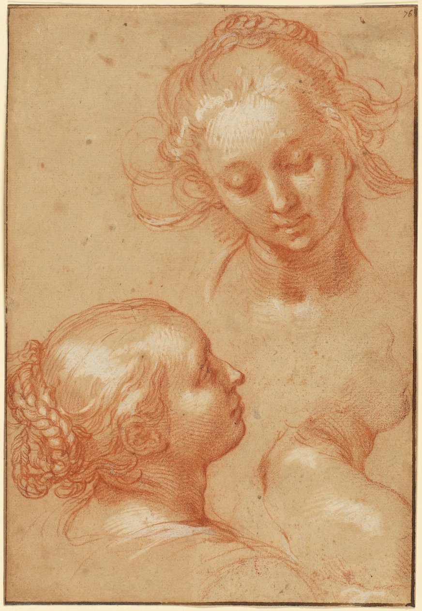 Tři studie žen (recto); čtyři studie rukou a kontrasnímek klečícího mladého muže (verso) od Abraham Bloemaert