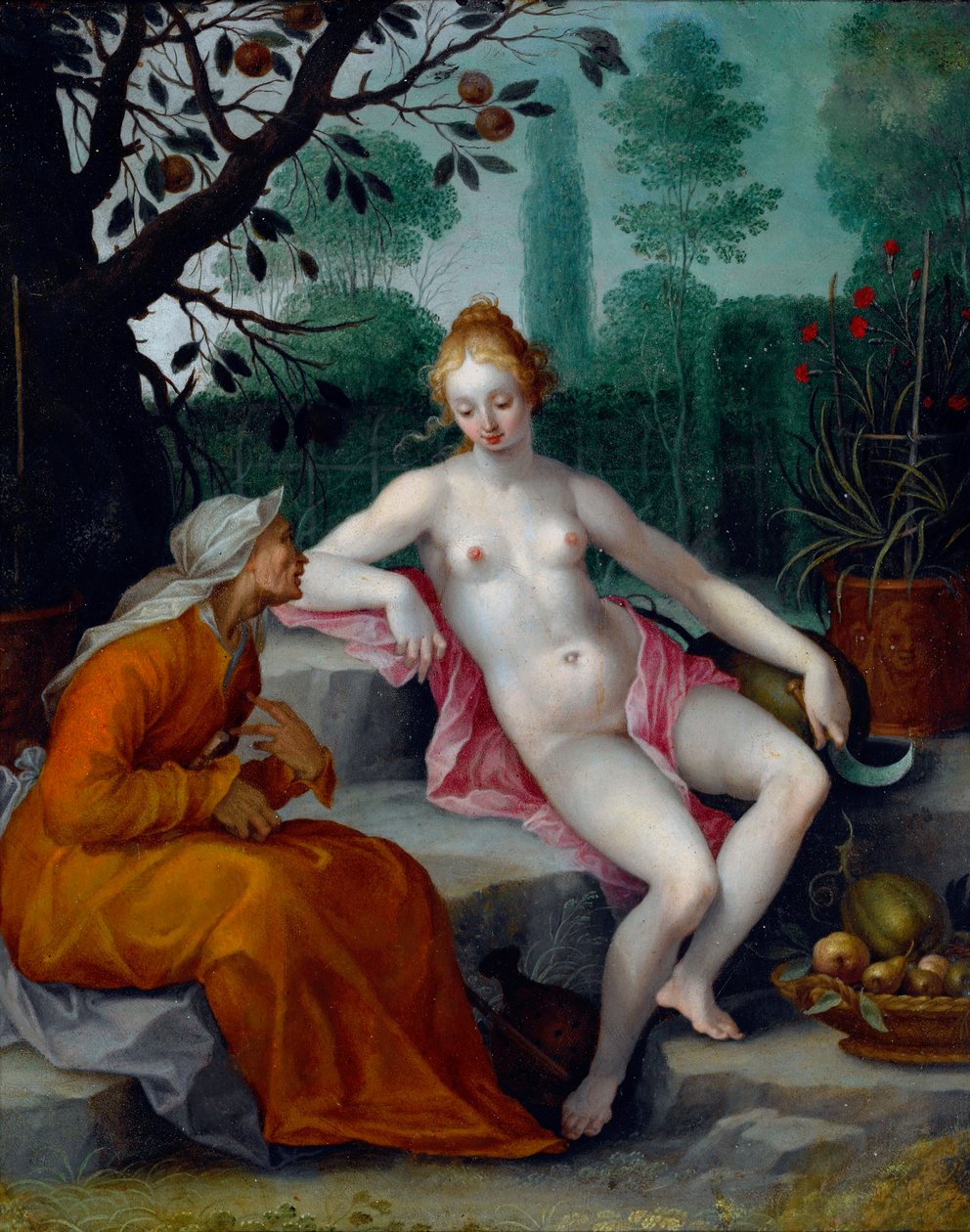 Vertumnus a Pomona (bůh ročních období se převléká za starou ženu, aby získal vstup do sadu nymfy) - Malba od Abrahama Bloemaerta (1566-1651), olej na mědi, kolem 1605 - (Vertumnus a Pomona, od Abrahama Bloemaert, olej na mědi, c1605) od Abraham Bloemaert