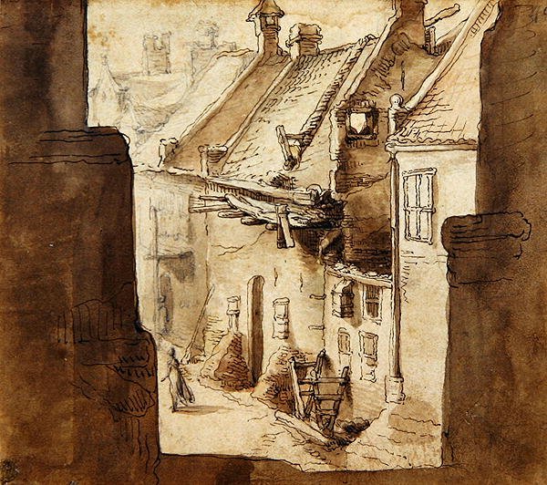 Pohled z valů do uličky (křída, pero a akvarel na papíře) od Abraham Bloemaert