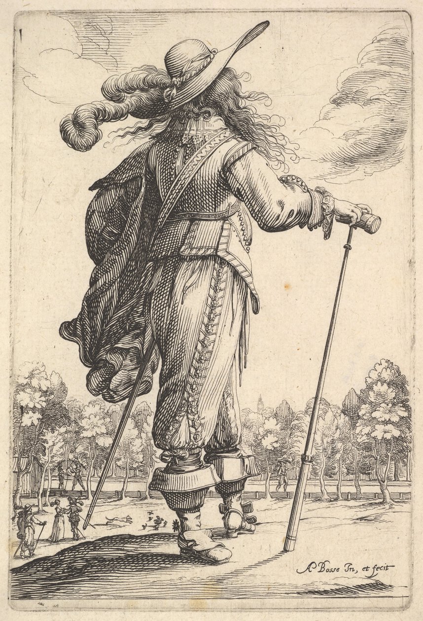Džentlmen, viděno zezadu, kráčí vpravo o holi a v opeřeném ..., 1629. od Abraham Bosse
