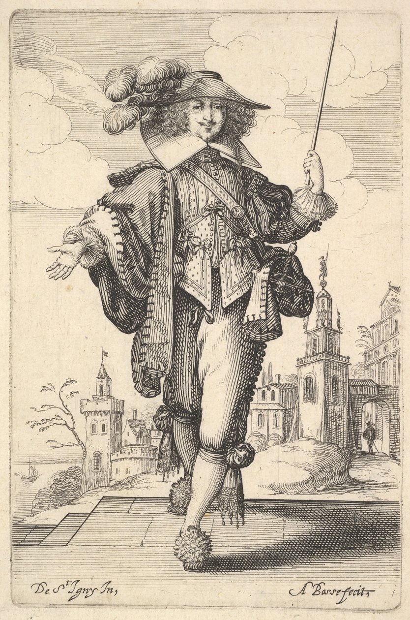 Vpřed kráčí gentleman s nataženou pravou paží a bičem v levé ruce..., 1629. od Abraham Bosse
