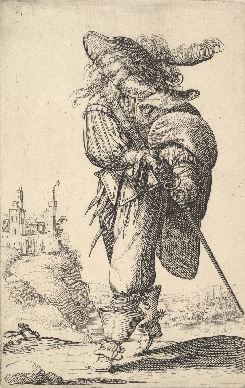 Džentlmen, kráčící doleva a tasící meč z pochvy, na sobě pl..., 1629. od Abraham Bosse