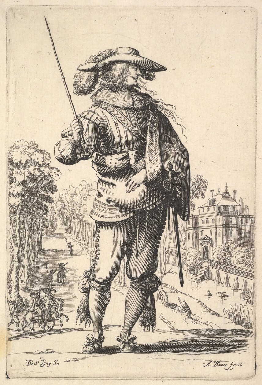 Pán s hlavou otočenou z profilu doprava, v opeřeném klobouku a ..., 1629. od Abraham Bosse