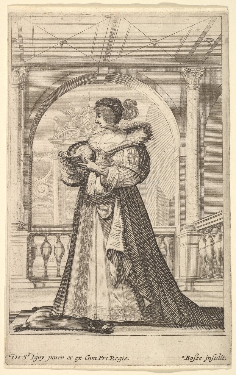 Žena stojící z profilu tváří vlevo, v klobouku a krajkovém límci, čte..., ca. 1629. od Abraham Bosse
