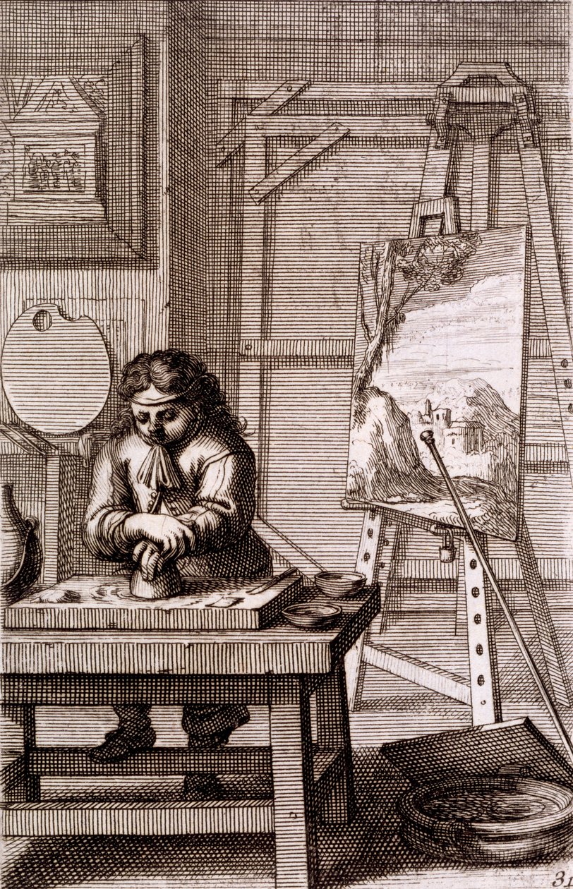 Umělecký učeň čistí ryteckou desku, z knihy "Recueil de Figures...", 1737 od Abraham Bosse