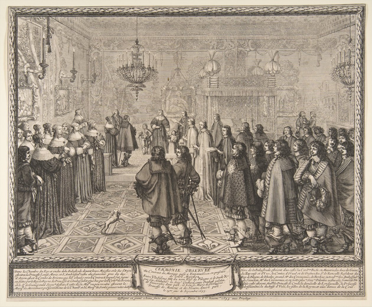 Slavnostní uzavření sňatku mezi polským králem Władysławem IV. a Marií Louisou Gonzagovou, mantovskou princeznou, ve Fontainebleau od Abraham Bosse
