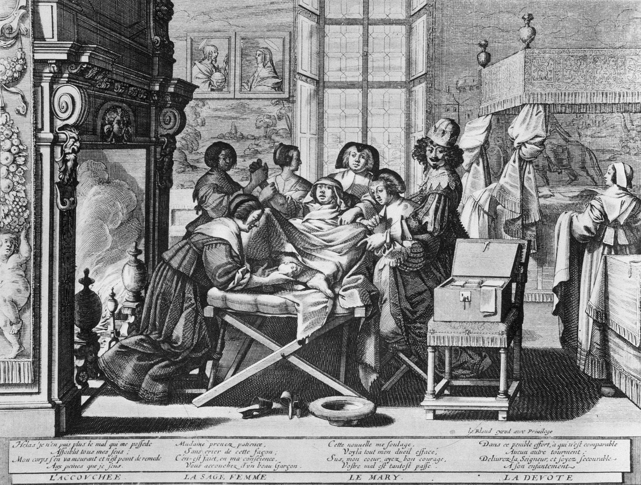 Série rytin (vodní forte) s názvem „“The Marriage to the City“““ z roku 1633 od Abrahama Bosse – „“Porod“““: na pracovním lůžku. od Abraham Bosse