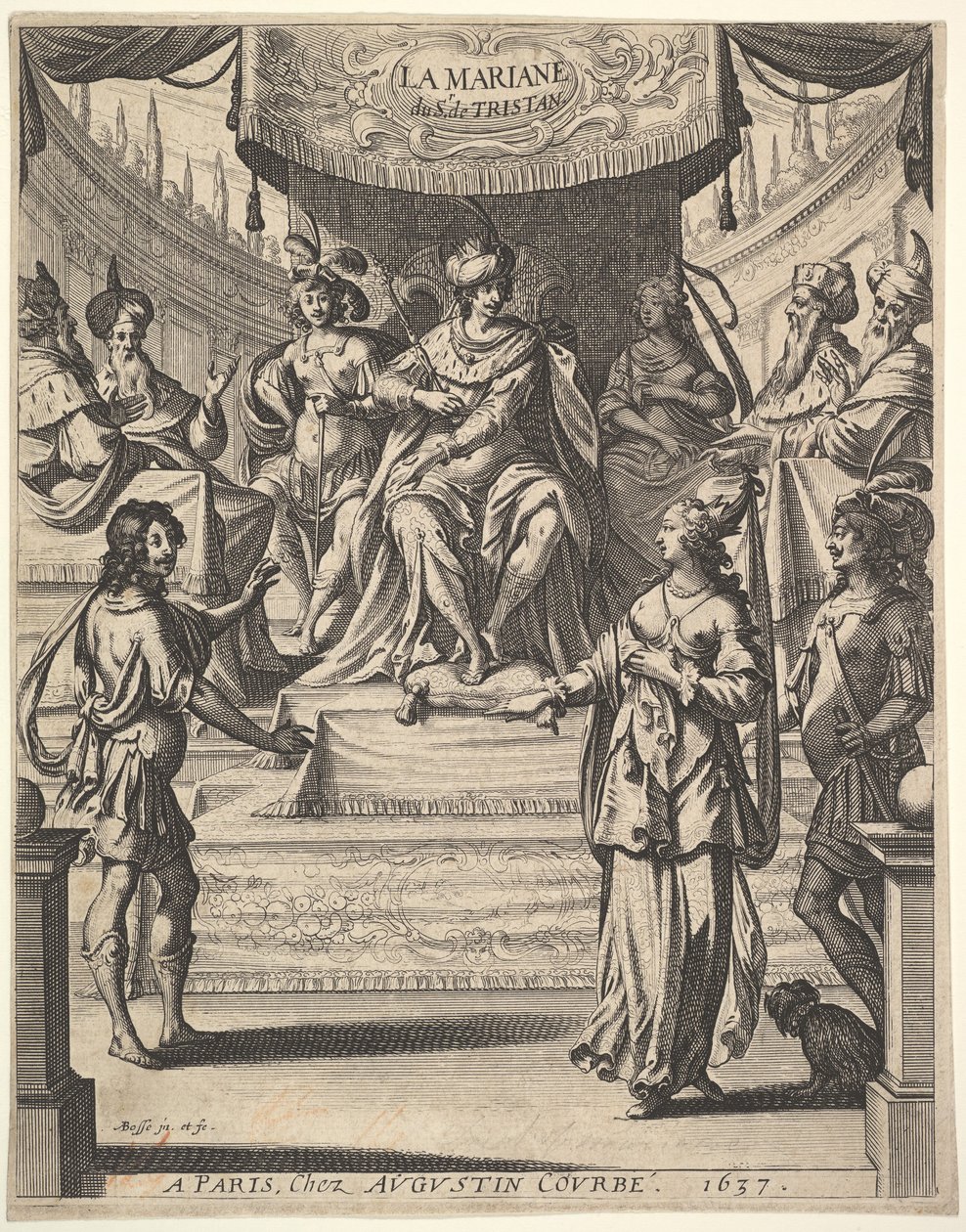 Frontispis pro Tristana LHermite: Marianne stojící vpravo před Herodem a jeho soudem..., 1637. od Abraham Bosse