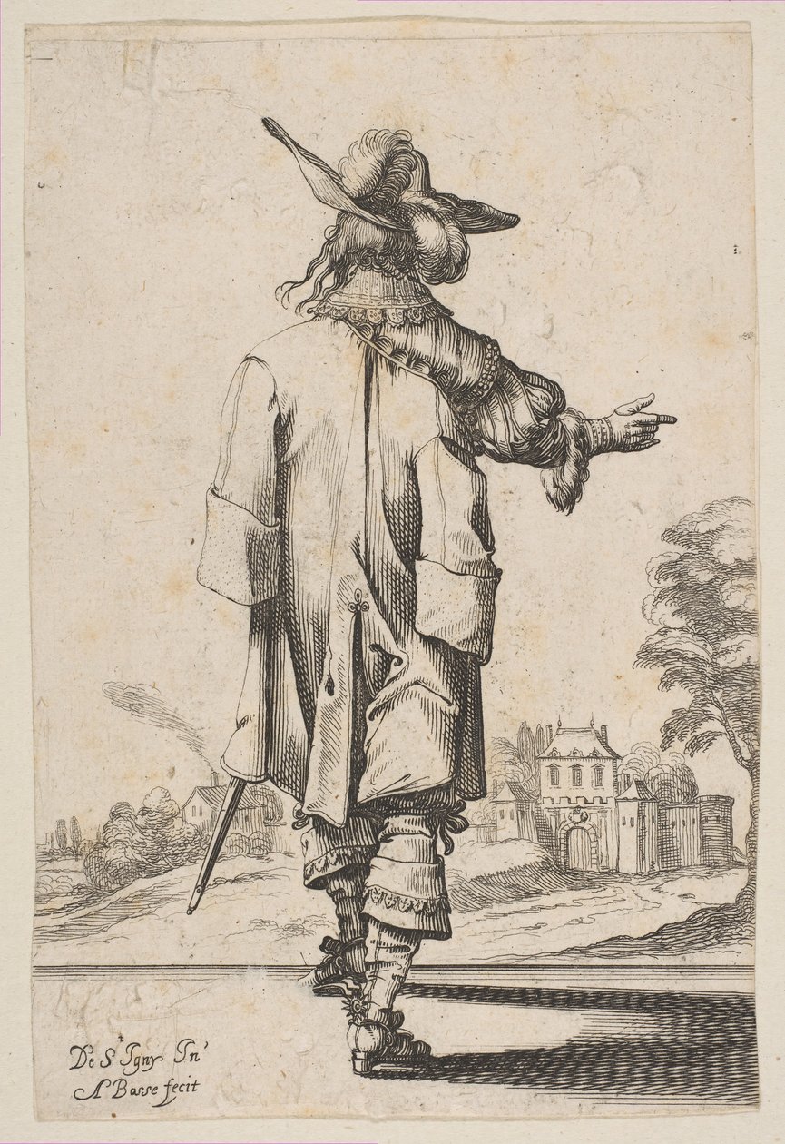 Gentleman při pohledu zezadu ukazující k zámku, 1629. od Abraham Bosse