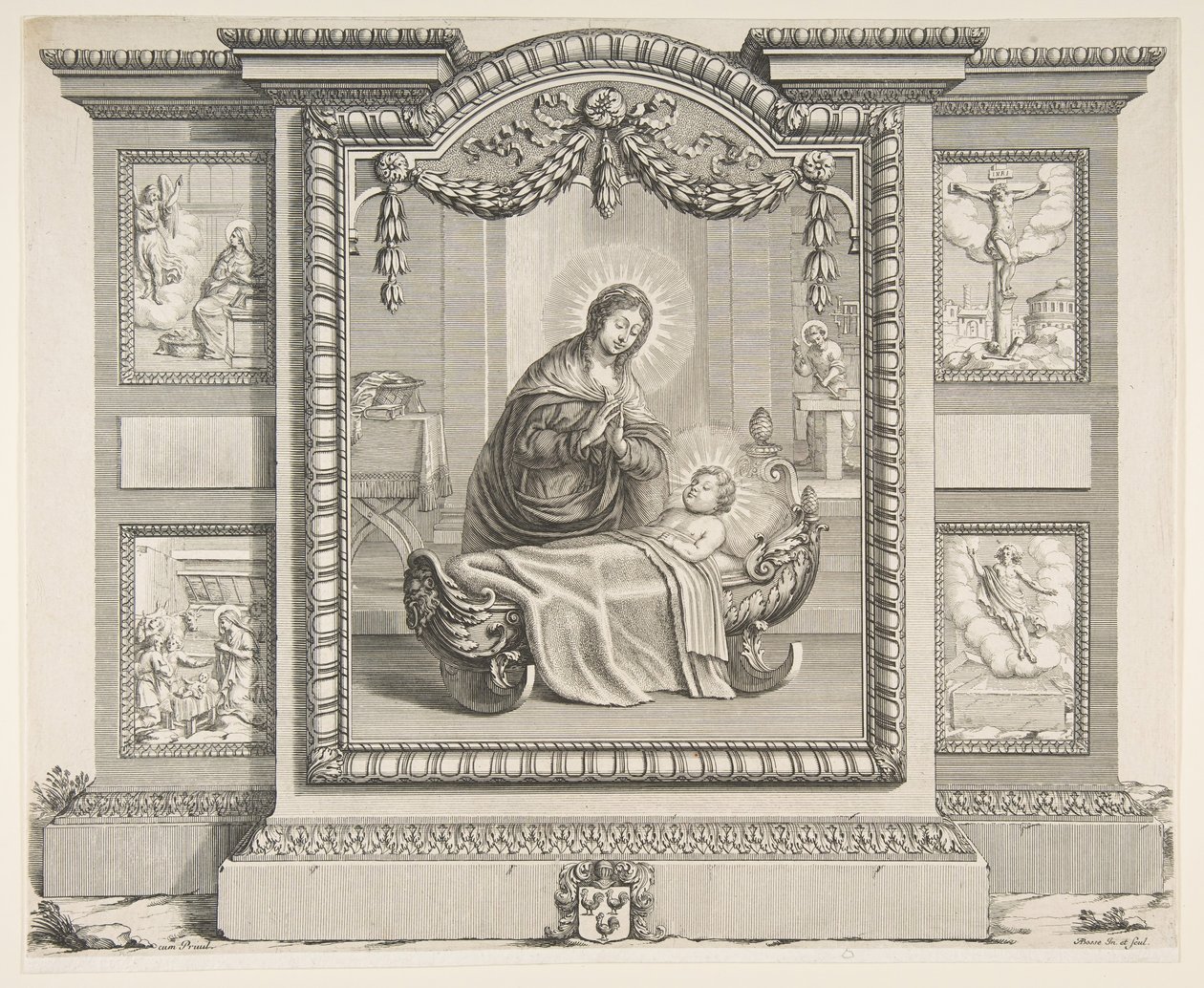 Narození Páně se scénami Zvěstování, Klanění pastýřů, Kříž..., 1620-76. od Abraham Bosse
