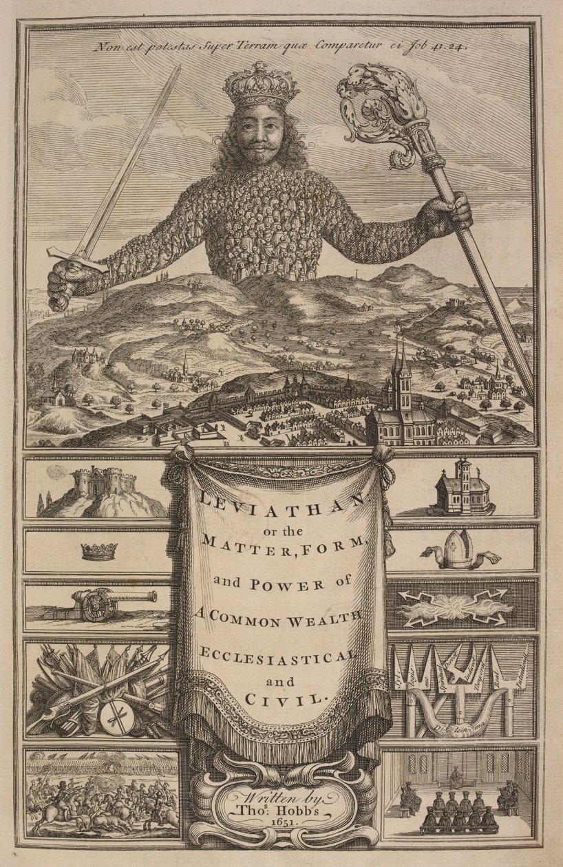 Titulní strana knihy „Leviathan, aneb hmota, forma a moc společenství církevního a civilního bohatství“ od Thomase Hobbese od Abraham Bosse