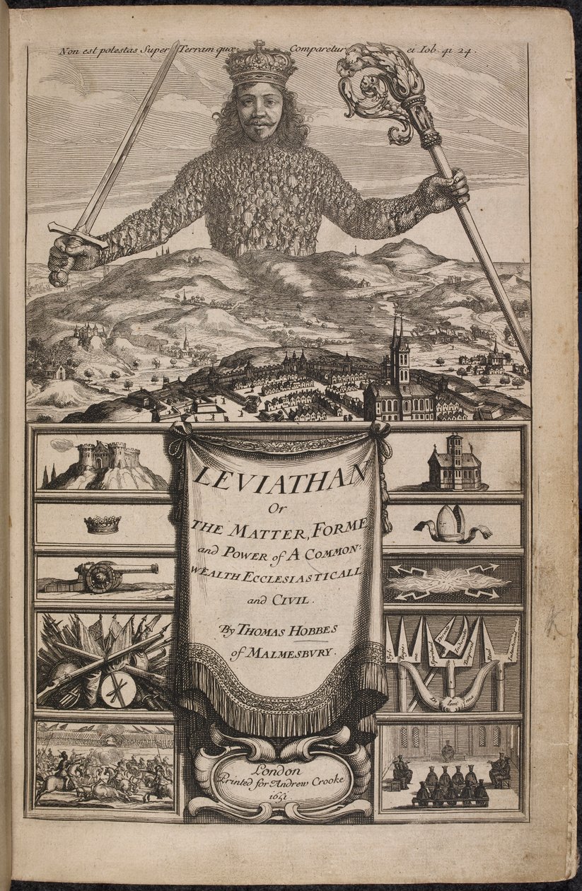 Titulní strana knihy „Leviathan, aneb hmota, forma a moc společenství církevního a civilního bohatství“ od Thomase Hobbese od Abraham Bosse