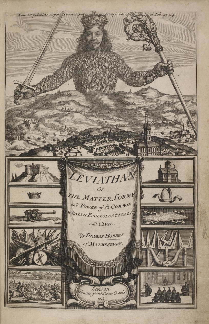 Titulní strana knihy „Leviathan, aneb hmota, forma a moc společenství církevního a civilního bohatství“ od Thomase Hobbese od Abraham Bosse