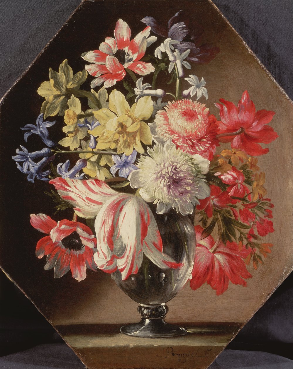 Skleněná váza s květinami na kamenné římse obsahující tulipány, chryzantémy, růže a zvonky od Abraham Brueghel